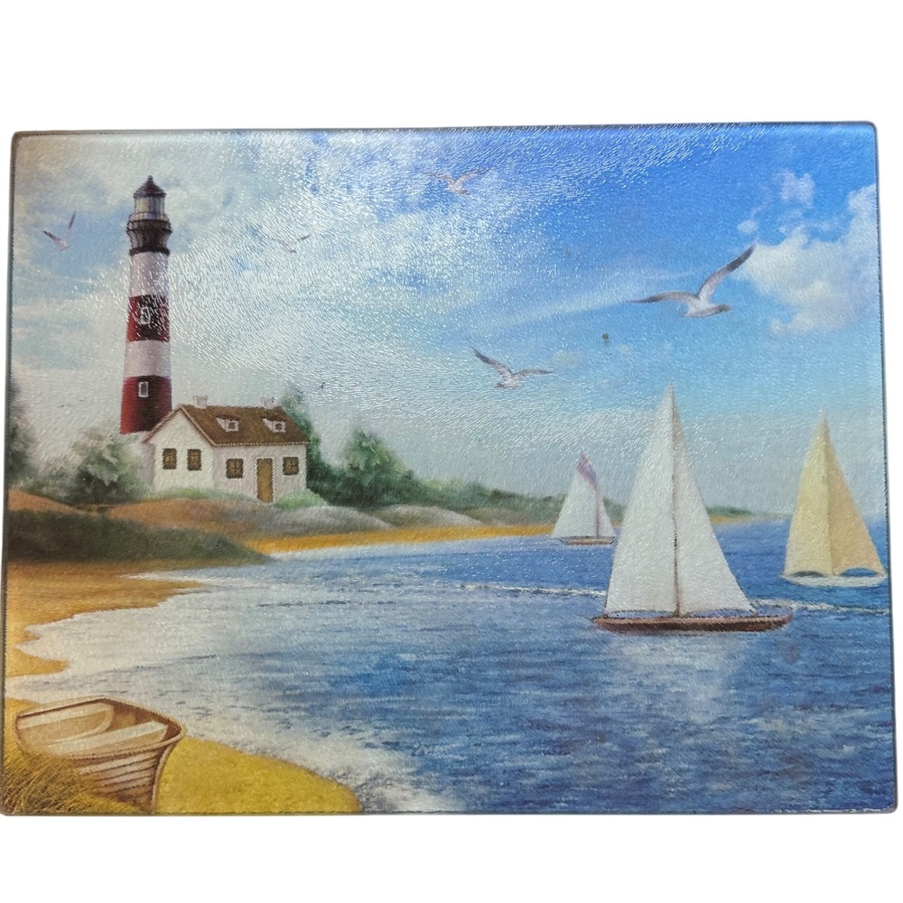 Collections Etc. Coastal Lighthouse Tempered Glass Medium‎ Cutting Board 11"x14"